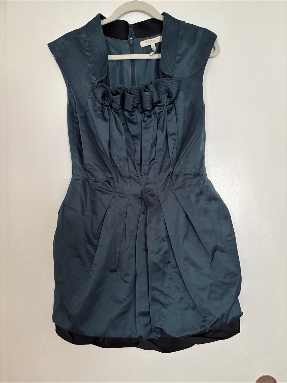 BCBGMaxAzria Runway Teal Satin Pleated Cocktail Dress with Ruffled Bib